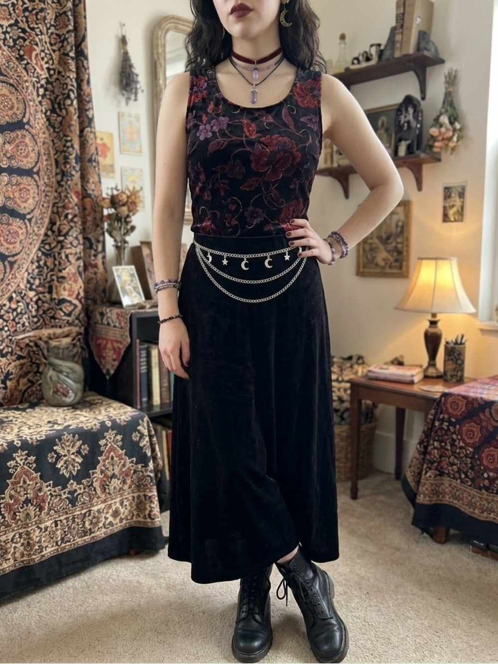 Vintage 90s Floral Velvet Burnout Tank Top Y2K Whimsigoth Gothic Sleeveless